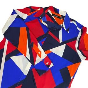 Lauren Ralph Lauren Geometric Top Women’s M Orange Red Blue White Office Flowy